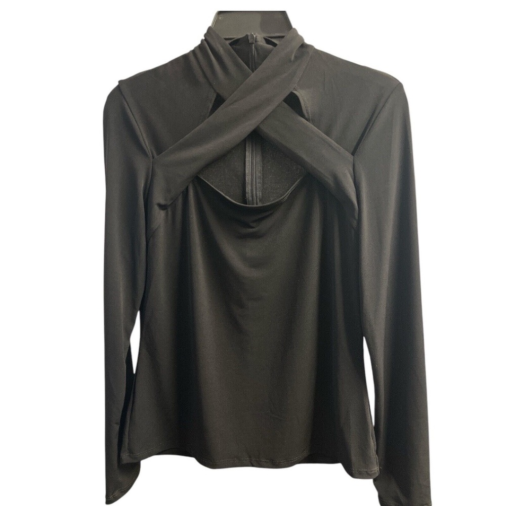 Krisa Top Women M Black Long Sleeve Pull Over Zip‎ Back Criss Cross Neck Stretch